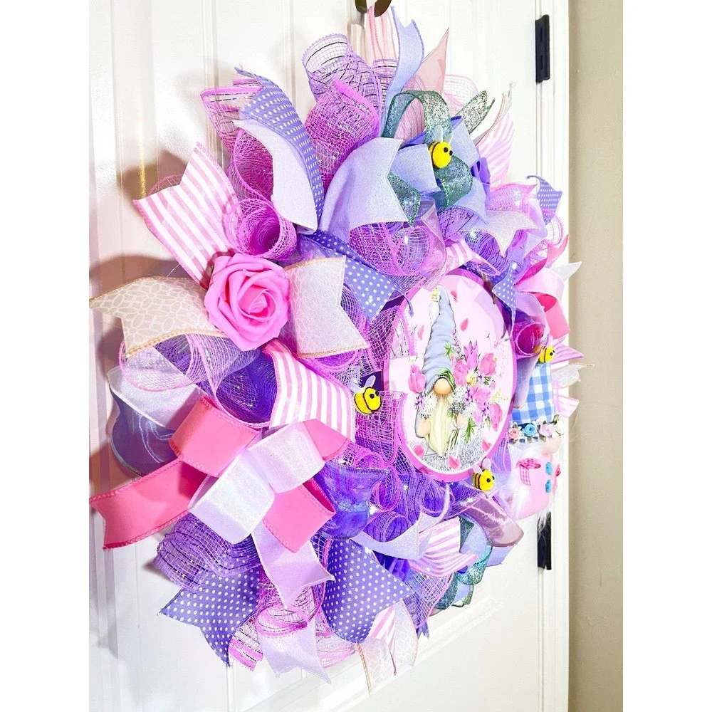 Handmade Spring Floral Bee Gnome Prelit Ribbon Wreath 22 in LED W1